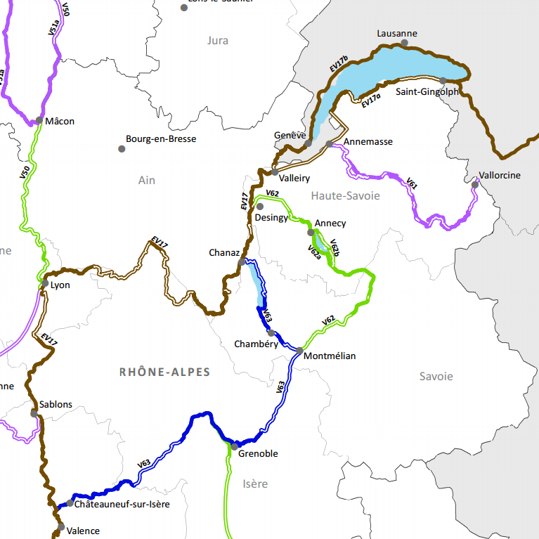 Portage Bagages randonnée à vélo avec VTC-Haute-Savoie Carte de la région entre Bourg-en-Bresse, Lyon et Genève, avec des routes principales.