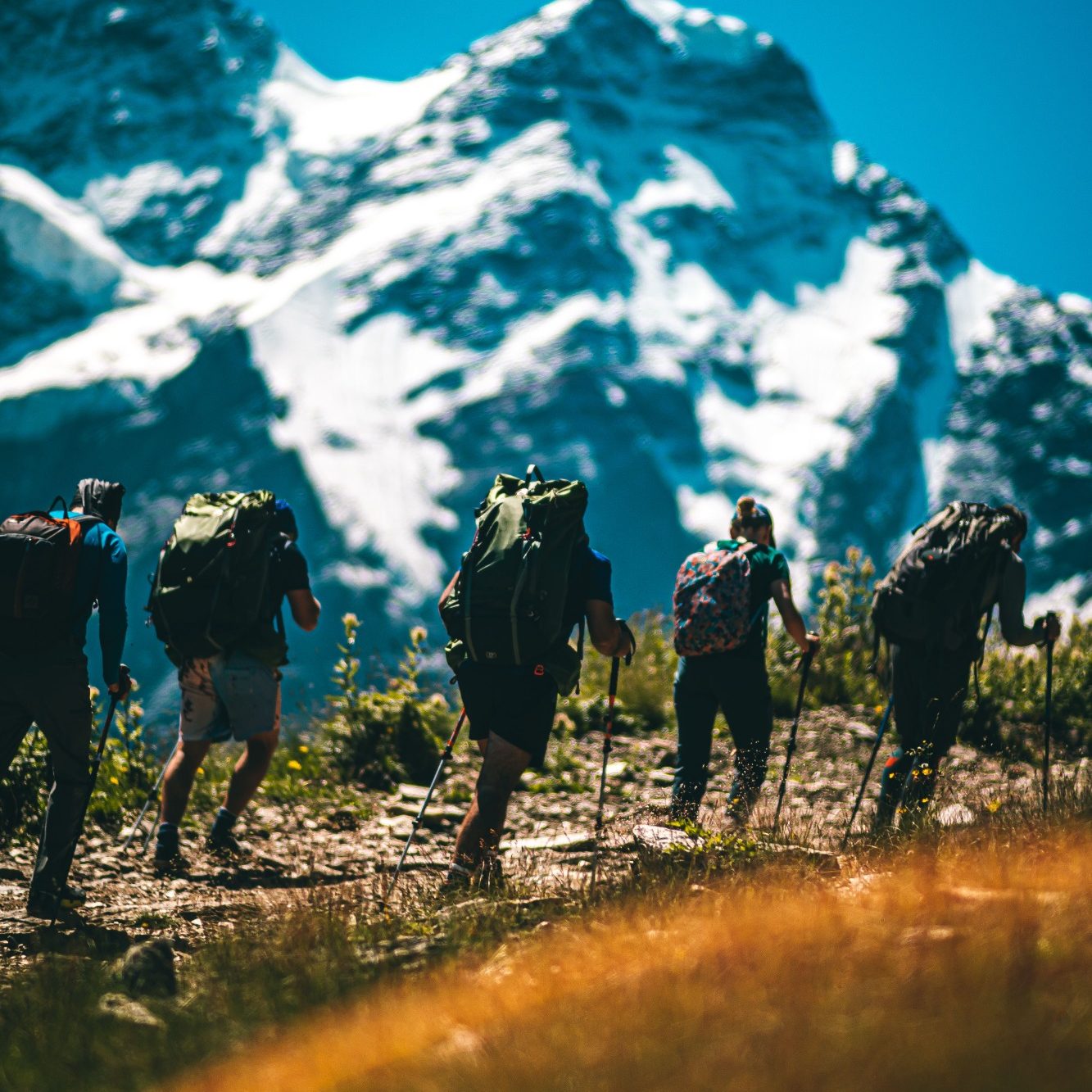 Des randonneurs gravissant un sentier montagneux avec des sommets enneigés en arrière-plan.